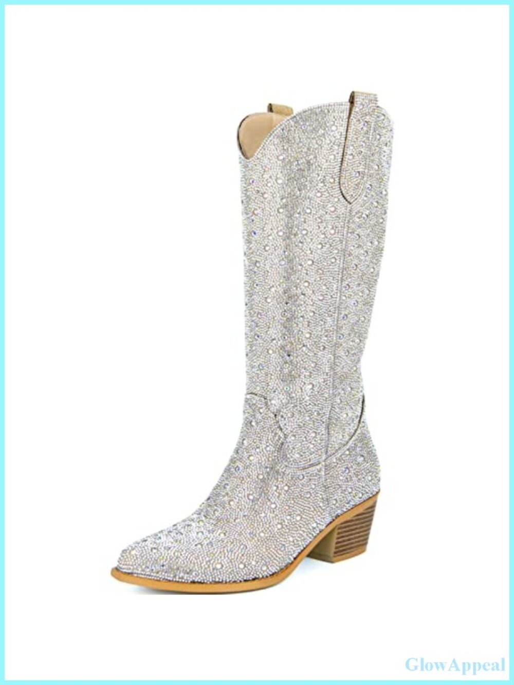 Rhinestone Western Cowboy Boots Pointed Toe Block Heel Knee High Faux Leather